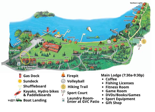 Resort map with Moorings circled; located near the lodge and harbor.