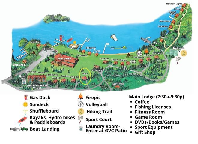 Resort map with Wren circled; located centrally at the resort.