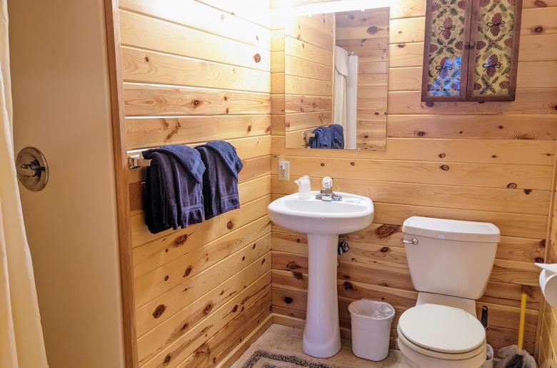 Main floor bathroom with a wide door and easy access shower and sink.