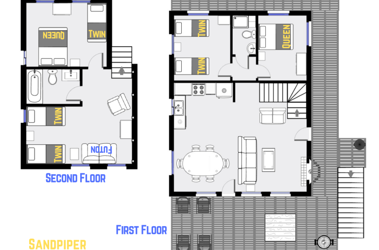 Sandpiper's floor plan showing two levels, three bedrooms plus loft bedroom, and two bathrooms.