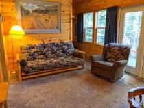 Living room with futon and chair.