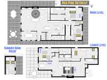 Red Pine's floor plan showing two levels, four bedrooms plus bunkhouse and four bathrooms.